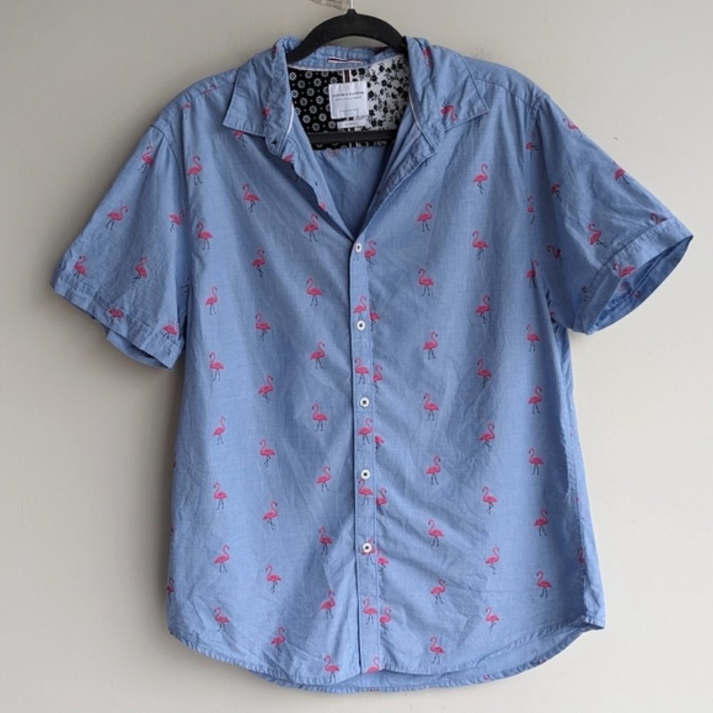 Denim & Flower 100% cotton slim fit flamingo short sleeve button down shirt